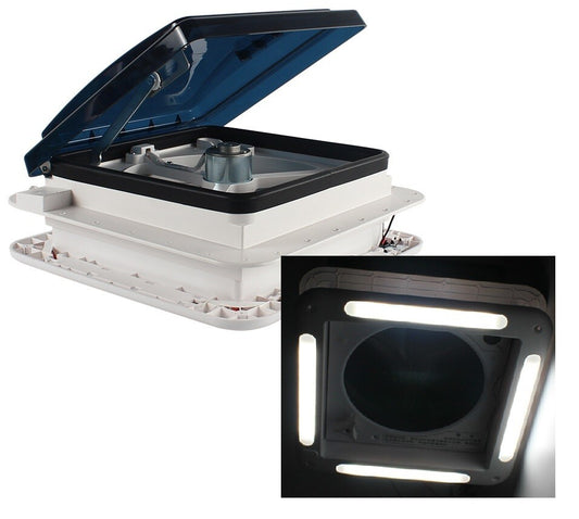 12V Shower Roof Vent with LED Lights & Tinted Lid - Suits Roof Thickness 25-65mm