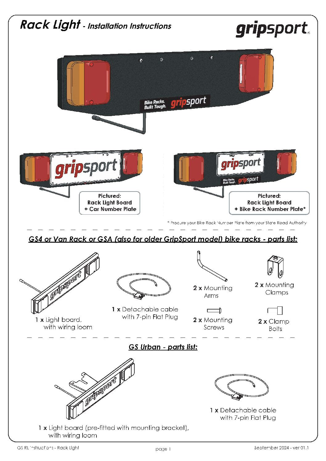 Bike Rack Light & Number Plate (Compatible with GripSport)