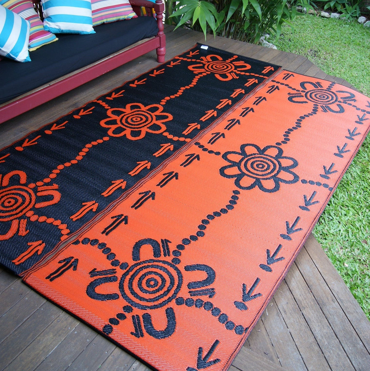 Emu & Kangaroo Tracks Mat 0.9m x 2.7m - Orange/Black