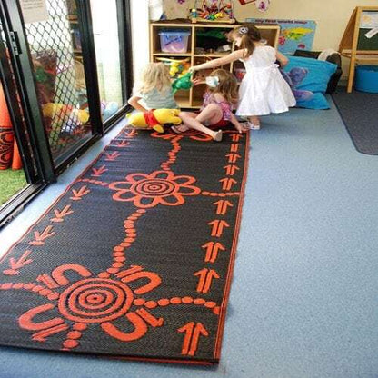 Emu & Kangaroo Tracks Mat 0.9m x 2.7m - Orange/Black