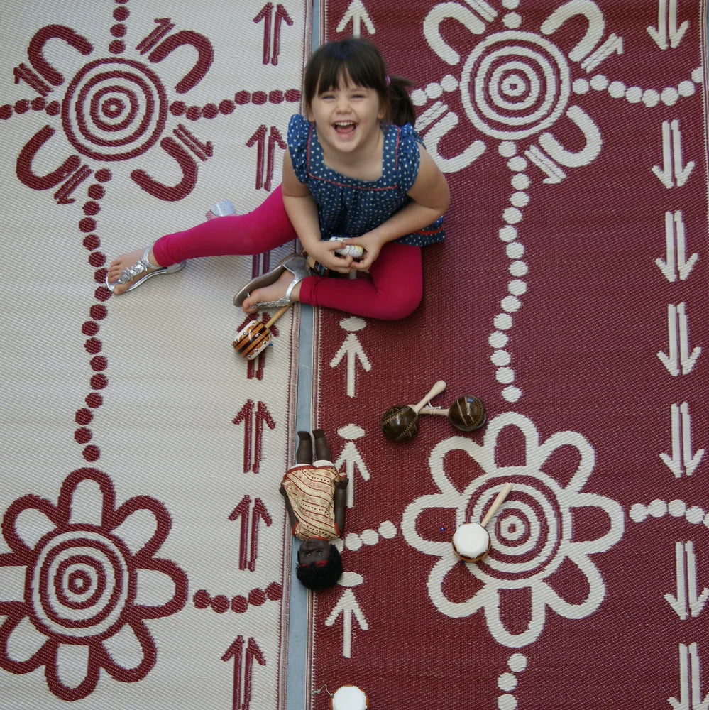 Emu & Kangaroo Tracks Mat 0.9m x 2.7m - Burgundy/White